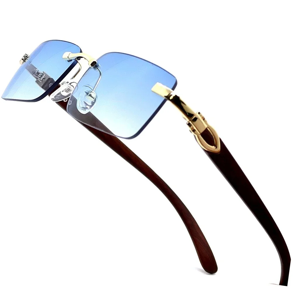 Men's Luxury Sky‎ Blue Tint Square Gold Frame Rimless Hip Hop Fashion Sunglasses